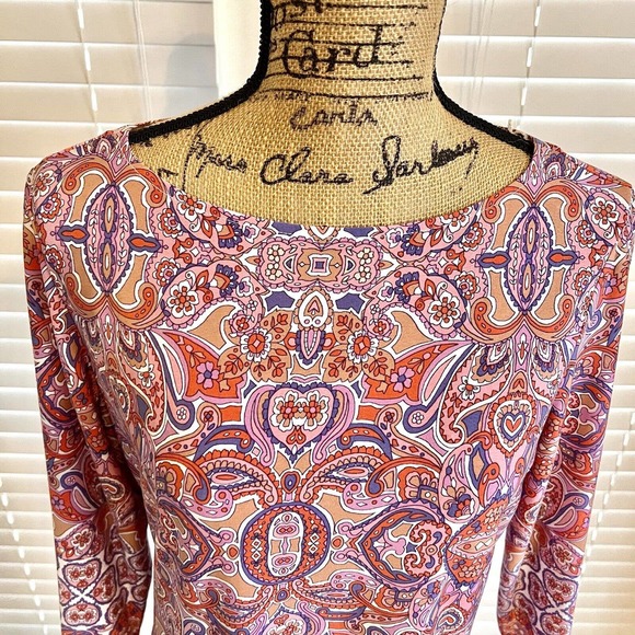 Wisp Knit Dress Size 12 Pink Paisley Sheath Boat Neck Long Sleeve Pullover - Picture 3 of 11